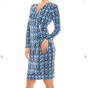 London Times Geometric Faux Wrap Dress with Silver Waist Detail Size 6